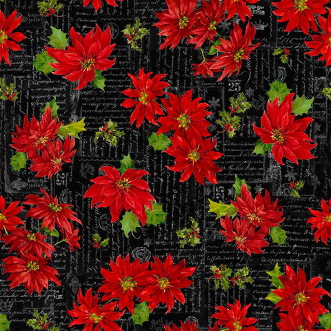 Image of the Poinsettia Greetings Poinsettia Toss Black quilting cotton fabric by QT Fabrics. Features flowers on a black background. Cute Little Fabric Shop