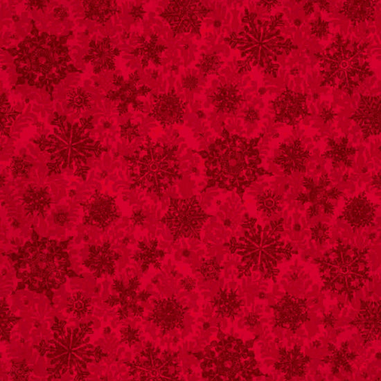Image of the Poinsettia Greetings Poinsettia Tonal Red quilting cotton fabric by QT Fabrics. Features snowflakes on a red background. Cute Little Fabric Shop