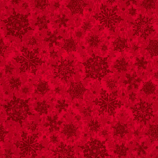 Image of the Poinsettia Greetings Poinsettia Tonal Red quilting cotton fabric by QT Fabrics. Features snowflakes on a red background. Cute Little Fabric Shop