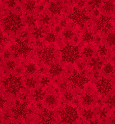 Image of the Poinsettia Greetings Poinsettia Tonal Red quilting cotton fabric by QT Fabrics. Features snowflakes on a red background. Cute Little Fabric Shop