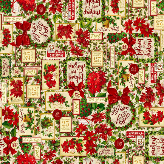 Image of the Poinsettia Greetings Poinsettia Greetings Collage Cream quilting cotton fabric by QT Fabrics. Features flowers on a cream background. Cute Little Fabric Shop
