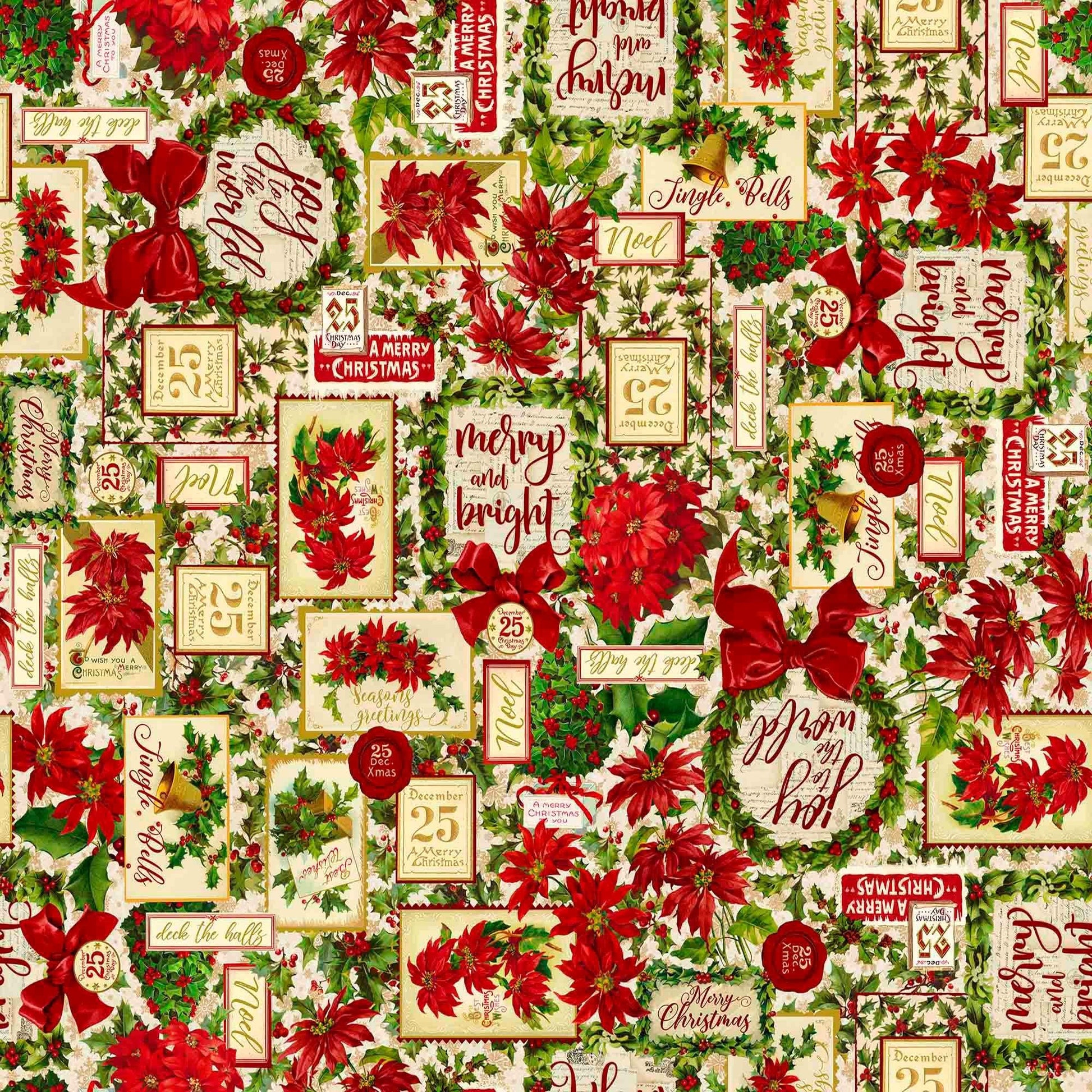 Image of the Poinsettia Greetings Poinsettia Greetings Collage Cream quilting cotton fabric by QT Fabrics. Features flowers on a cream background. Cute Little Fabric Shop