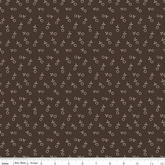 Image of the Gentler Times Bygone Raisin quilting cotton fabric by Riley Blake Designs. Features flowers on a brown background. Cute Little Fabric Shop