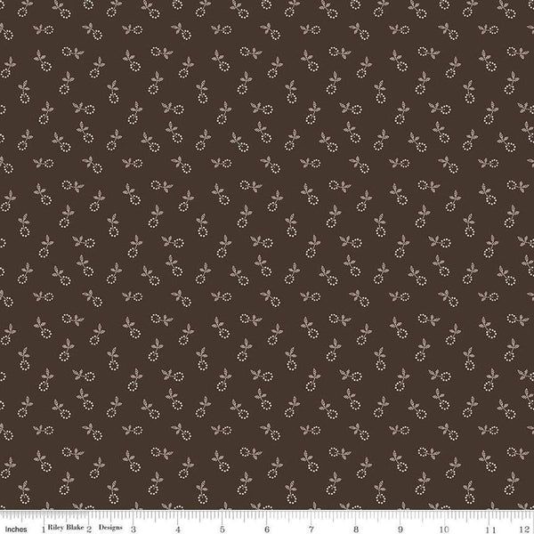 Image of the Gentler Times Bygone Raisin quilting cotton fabric by Riley Blake Designs. Features flowers on a brown background. Cute Little Fabric Shop