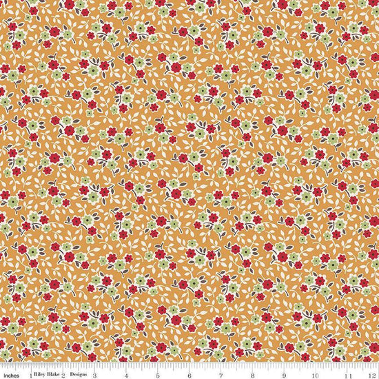 Image of the Gentler Times Cherish Cider quilting cotton fabric by Riley Blake Designs. Features flowers on a gold background. Cute Little Fabric Shop