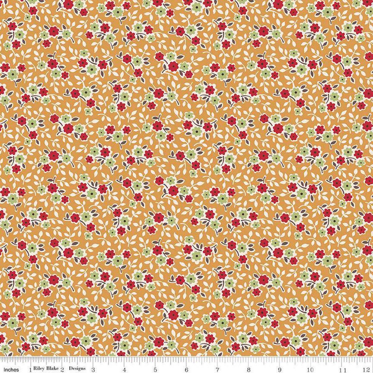 Image of the Gentler Times Cherish Cider quilting cotton fabric by Riley Blake Designs. Features flowers on a gold background. Cute Little Fabric Shop