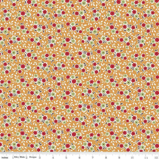 Image of the Gentler Times Cherish Cider quilting cotton fabric by Riley Blake Designs. Features flowers on a gold background. Cute Little Fabric Shop