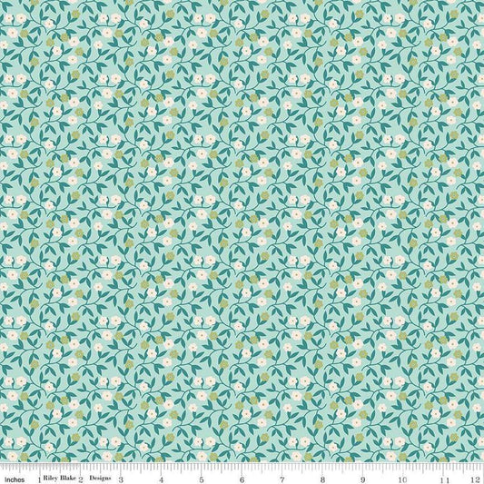 Image of the Gentler Times Gracious Songbird quilting cotton fabric by Riley Blake Designs. Features flowers on a blue background. Cute Little Fabric Shop