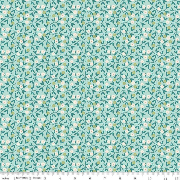 Image of the Gentler Times Gracious Songbird quilting cotton fabric by Riley Blake Designs. Features flowers on a blue background. Cute Little Fabric Shop