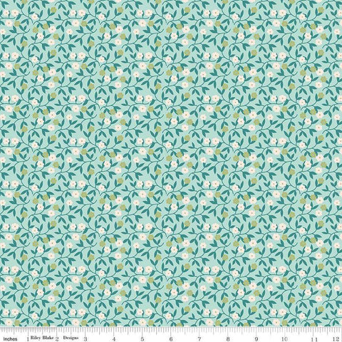 Image of the Gentler Times Gracious Songbird quilting cotton fabric by Riley Blake Designs. Features flowers on a blue background. Cute Little Fabric Shop