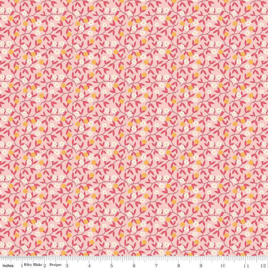 Image of the Gentler Times Gracious Coral quilting cotton fabric by Riley Blake Designs. Features flowers on a pink background. Cute Little Fabric Shop