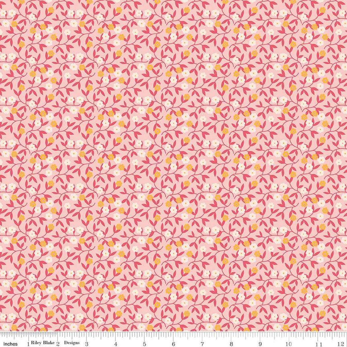 Image of the Gentler Times Gracious Coral quilting cotton fabric by Riley Blake Designs. Features flowers on a pink background. Cute Little Fabric Shop