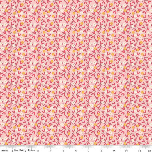 Image of the Gentler Times Gracious Coral quilting cotton fabric by Riley Blake Designs. Features flowers on a pink background. Cute Little Fabric Shop