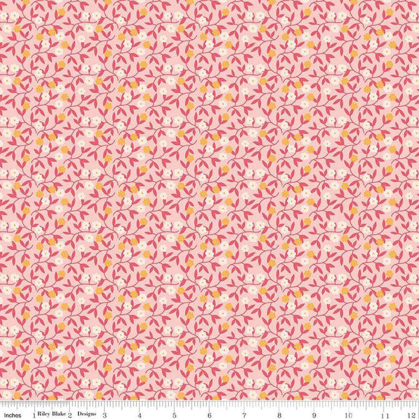Image of the Gentler Times Gracious Coral quilting cotton fabric by Riley Blake Designs. Features flowers on a pink background. Cute Little Fabric Shop