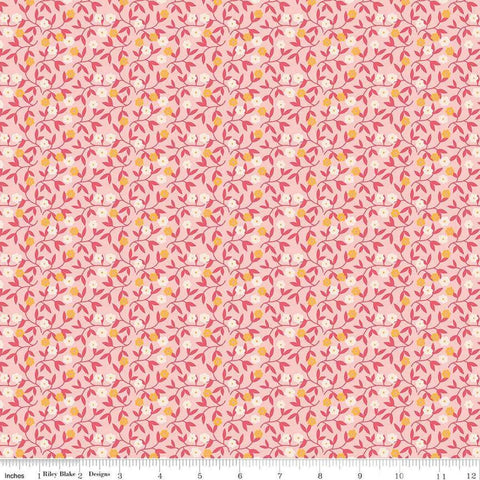 Image of the Gentler Times Gracious Coral quilting cotton fabric by Riley Blake Designs. Features flowers on a pink background. Cute Little Fabric Shop