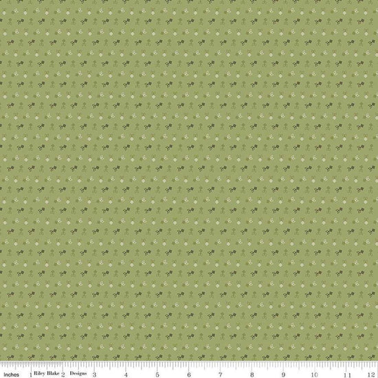 Image of the Gentler Times Dapper Lettuce quilting cotton fabric by Riley Blake Designs. Features flowers on a green background. Cute Little Fabric Shop