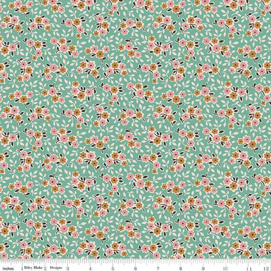 Image of the Gentler Times Cherish Sea Glass quilting cotton fabric by Riley Blake Designs. Features flowers on a teal background. Cute Little Fabric Shop
