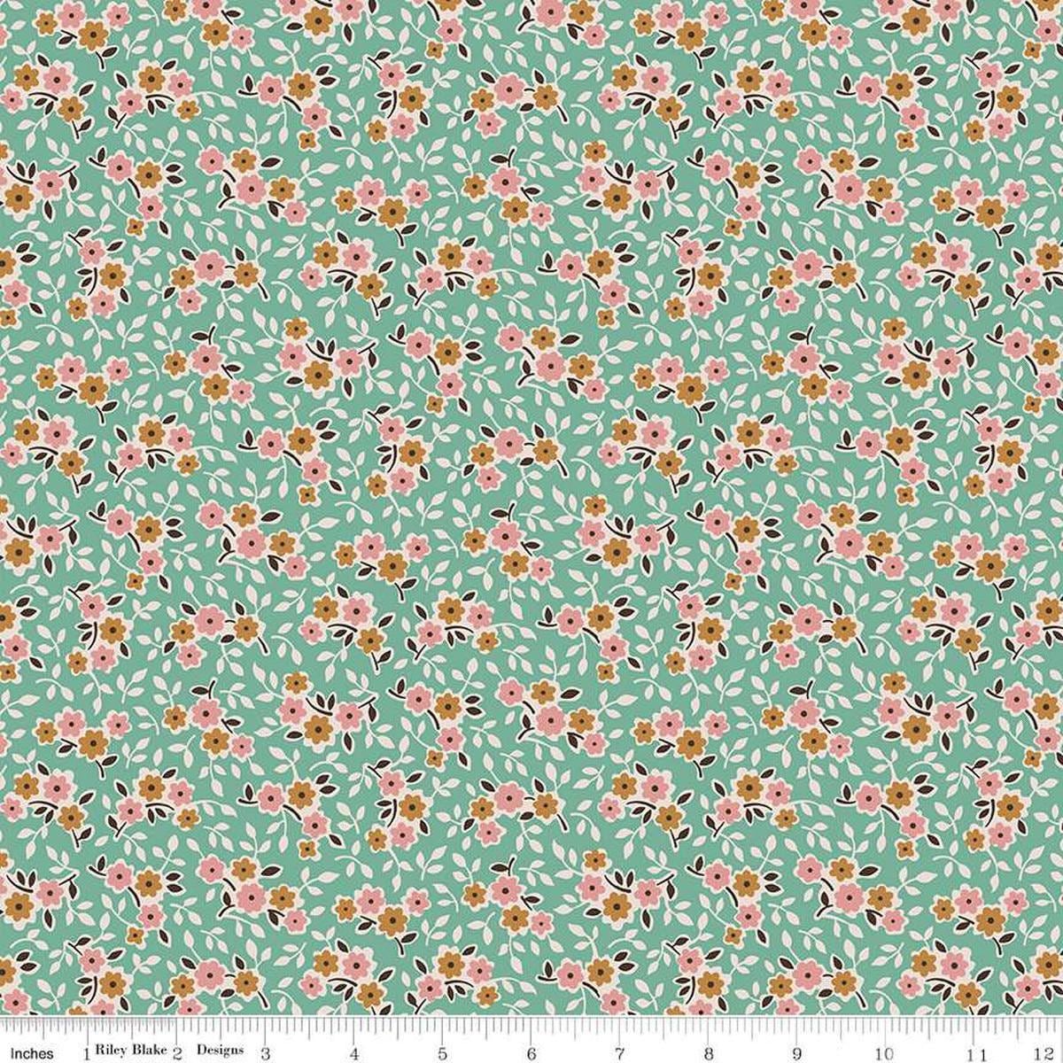 Image of the Gentler Times Cherish Sea Glass quilting cotton fabric by Riley Blake Designs. Features flowers on a teal background. Cute Little Fabric Shop