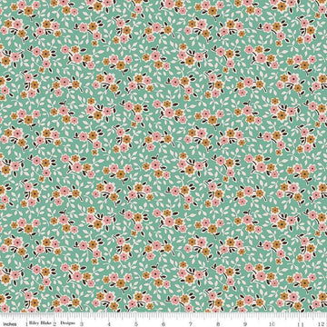 Image of the Gentler Times Cherish Sea Glass quilting cotton fabric by Riley Blake Designs. Features flowers on a teal background. Cute Little Fabric Shop