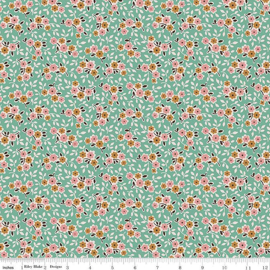 Image of the Gentler Times Cherish Sea Glass quilting cotton fabric by Riley Blake Designs. Features flowers on a teal background. Cute Little Fabric Shop