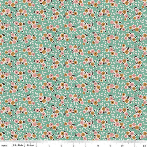 Image of the Gentler Times Cherish Sea Glass quilting cotton fabric by Riley Blake Designs. Features flowers on a teal background. Cute Little Fabric Shop