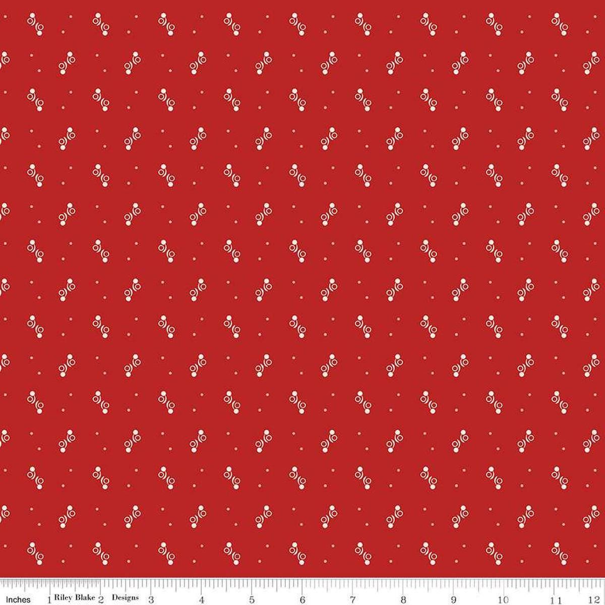 Image of the Gentler Times Ditty Schoolhouse quilting cotton fabric by Riley Blake Designs. Features dots on a red background. Cute Little Fabric Shop