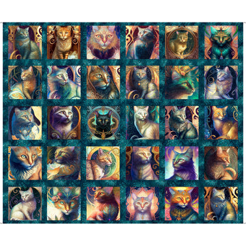 Feline Fantasia Cat Picture Patches Panel 31368 Teal Q - QT Fabrics - Fantasy Kittens Magical  - Quilting Cotton Fabric