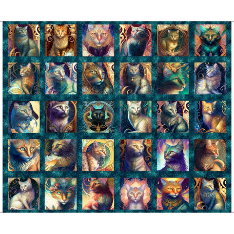 Feline Fantasia Cat Picture Patches Panel 31368 Teal Q - QT Fabrics - Fantasy Kittens Magical  - Quilting Cotton Fabric