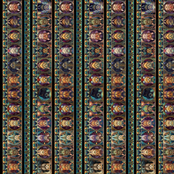 Feline Fantasia Cat Border Stripe 31369 Multi X - by QT Fabrics - Lines Kittens Fantasy Magical  - Quilting Cotton Fabric