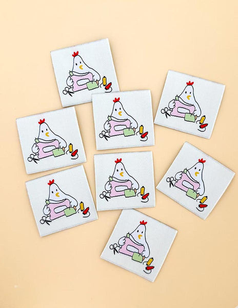 SALE Sewing Chicken Woven Labels P178-SIWL23 - Riley Blake - Minki Kim - Durable Soft Thread - Machine Washable - Polyester - 8 Labels