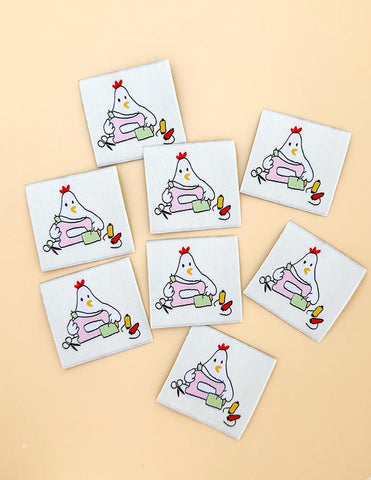 SALE Sewing Chicken Woven Labels P178-SIWL23 - Riley Blake - Minki Kim - Durable Soft Thread - Machine Washable - Polyester - 8 Labels