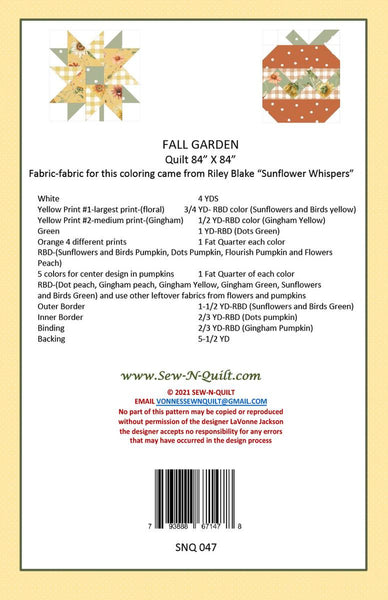 Fall Garden Quilt PATTERN P188 by Sew-N-Quilt - Riley Blake Designs - INSTRUCTIONS Only - Pieced Sunflowers Pumpkins