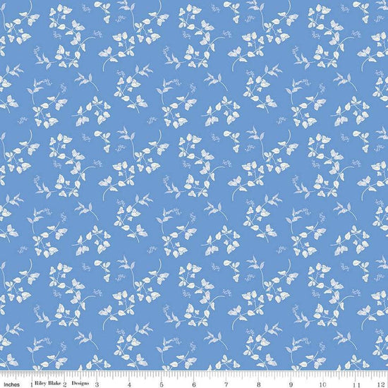 Image of Penelope Stems Blue quilting cotton fabric by My Mind's Eye for Riley Blake Designs. Features flowers on a blue background. Cute Little Fabric Shop