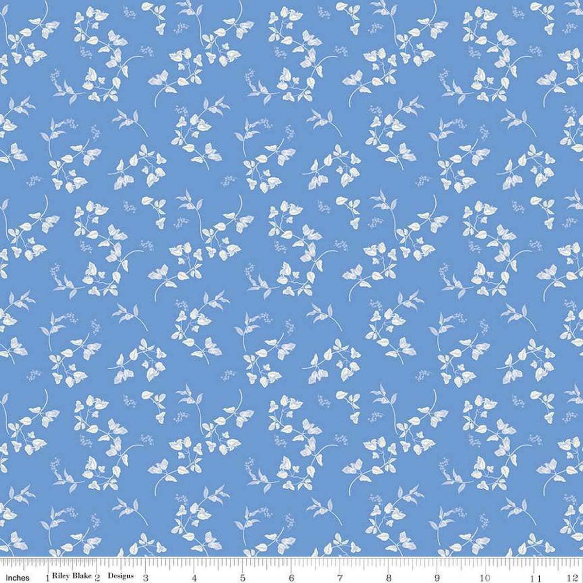 Image of Penelope Stems Blue quilting cotton fabric by My Mind's Eye for Riley Blake Designs. Features flowers on a blue background. Cute Little Fabric Shop