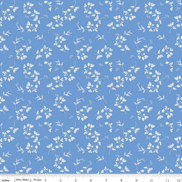 Image of Penelope Stems Blue quilting cotton fabric by My Mind's Eye for Riley Blake Designs. Features flowers on a blue background. Cute Little Fabric Shop