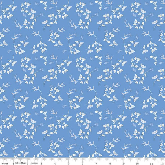 Image of Penelope Stems Blue quilting cotton fabric by My Mind's Eye for Riley Blake Designs. Features flowers on a blue background. Cute Little Fabric Shop