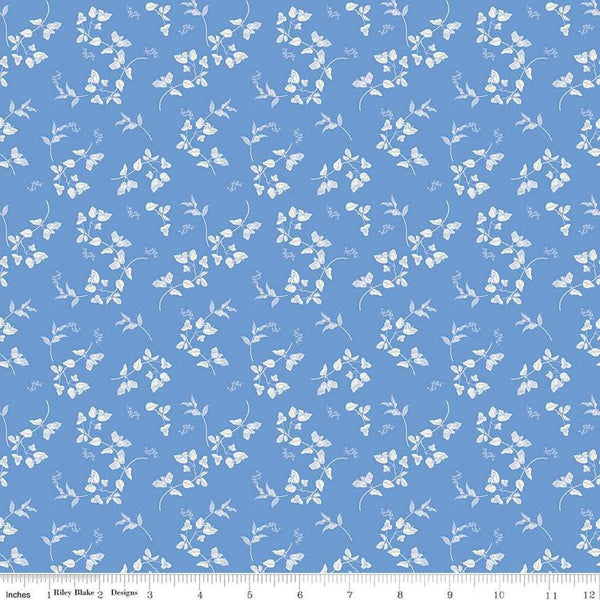 Image of Penelope Stems Blue quilting cotton fabric by My Mind&#39;s Eye for Riley Blake Designs. Features flowers on a blue background. Cute Little Fabric Shop
