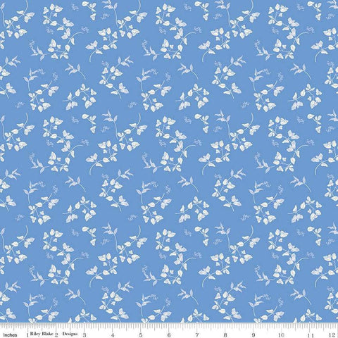 Image of Penelope Stems Blue quilting cotton fabric by My Mind&#39;s Eye for Riley Blake Designs. Features flowers on a blue background. Cute Little Fabric Shop