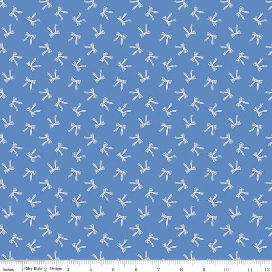 Image of Penelope Bows Blue quilting cotton fabric by My Mind's Eye for Riley Blake Designs. Features bows on a blue background. Cute Little Fabric Shop
