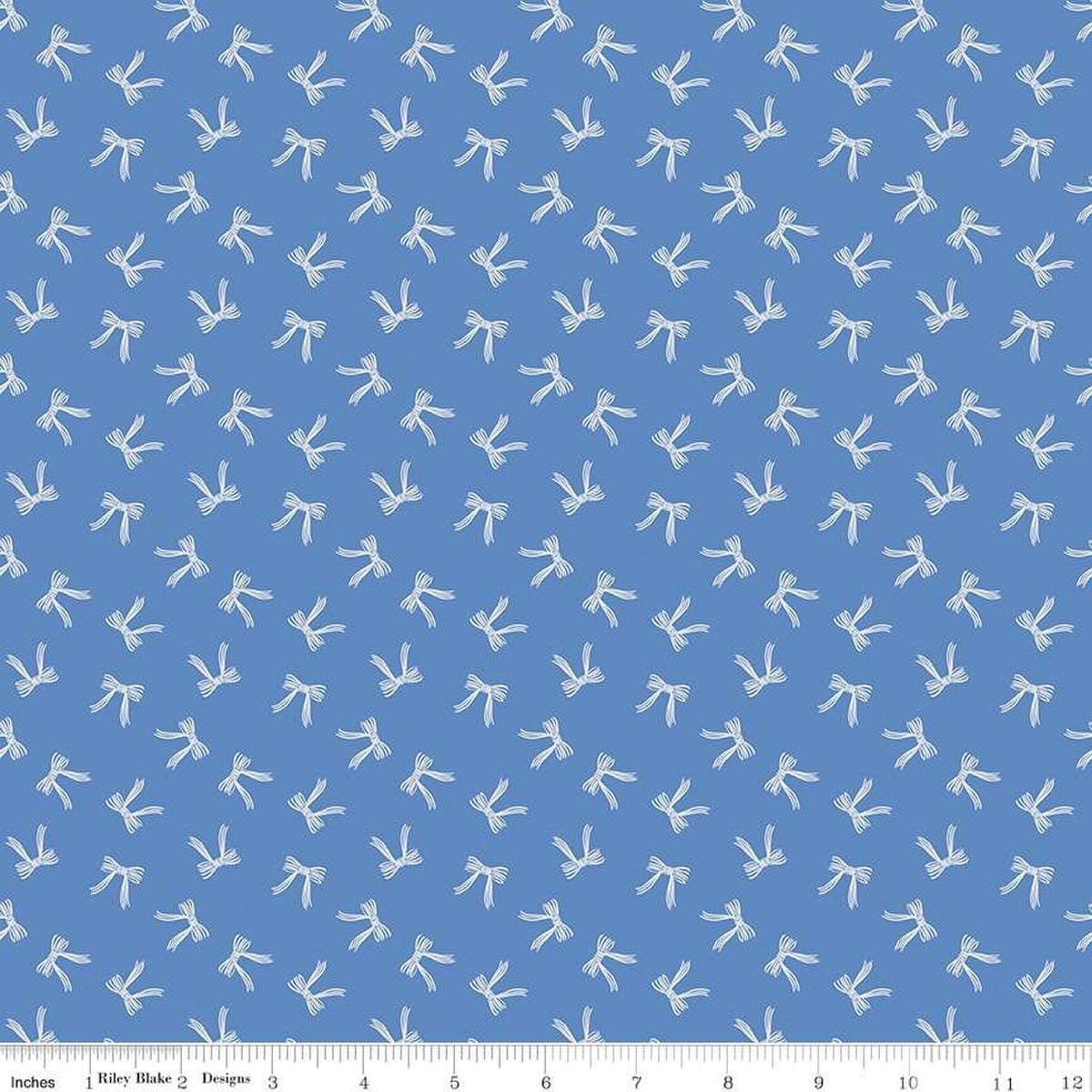 Image of Penelope Bows Blue quilting cotton fabric by My Mind's Eye for Riley Blake Designs. Features bows on a blue background. Cute Little Fabric Shop