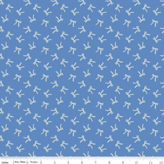 Image of Penelope Bows Blue quilting cotton fabric by My Mind's Eye for Riley Blake Designs. Features bows on a blue background. Cute Little Fabric Shop