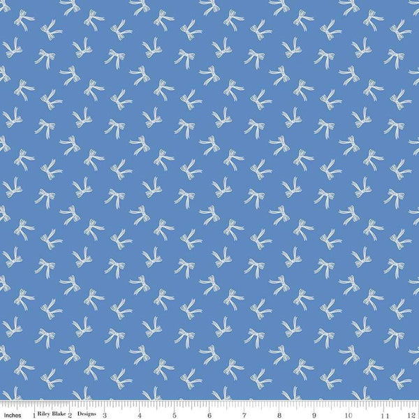 Image of Penelope Bows Blue quilting cotton fabric by My Mind&#39;s Eye for Riley Blake Designs. Features bows on a blue background. Cute Little Fabric Shop