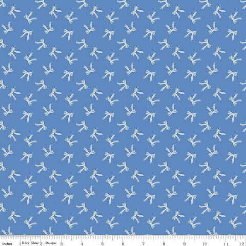 Image of Penelope Bows Blue quilting cotton fabric by My Mind&#39;s Eye for Riley Blake Designs. Features bows on a blue background. Cute Little Fabric Shop