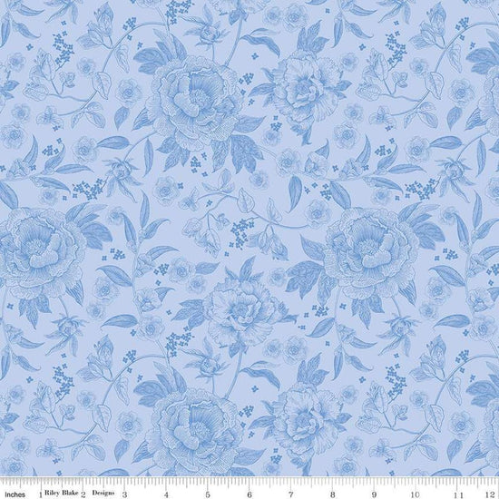 Image of Penelope Main Sky quilting cotton fabric by My Mind's Eye for Riley Blake Designs. Features flowers on a blue background. Cute Little Fabric Shop