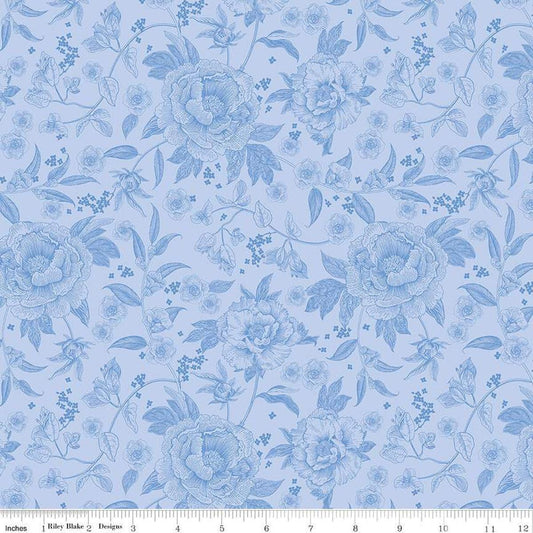 Image of Penelope Main Sky quilting cotton fabric by My Mind's Eye for Riley Blake Designs. Features flowers on a blue background. Cute Little Fabric Shop