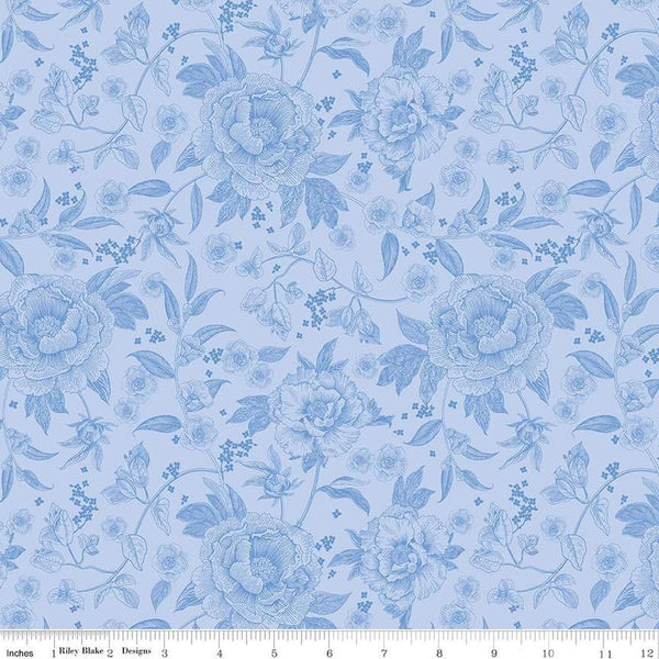 Image of Penelope Main Sky quilting cotton fabric by My Mind&#39;s Eye for Riley Blake Designs. Features flowers on a blue background. Cute Little Fabric Shop