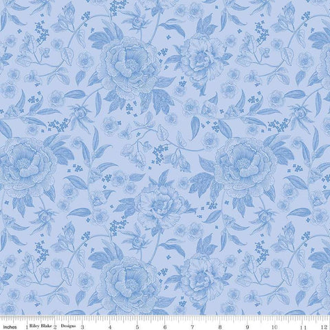 Image of Penelope Main Sky quilting cotton fabric by My Mind&#39;s Eye for Riley Blake Designs. Features flowers on a blue background. Cute Little Fabric Shop