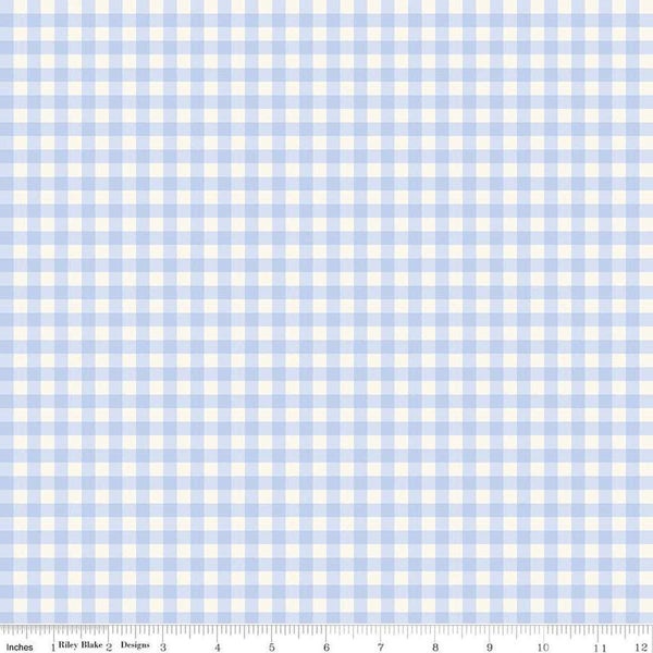 Image of Penelope Gingham Sky quilting cotton fabric by My Mind&#39;s Eye for Riley Blake Designs. Features plaid on a blue background. Cute Little Fabric Shop