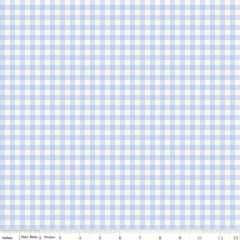 Image of Penelope Gingham Sky quilting cotton fabric by My Mind&#39;s Eye for Riley Blake Designs. Features plaid on a blue background. Cute Little Fabric Shop