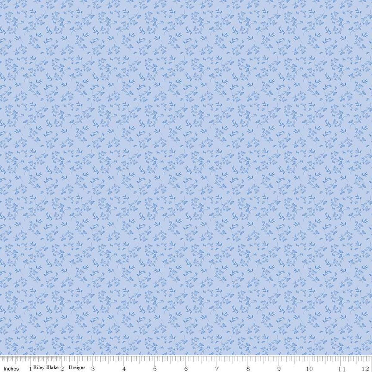 Image of Penelope Mini Stems Sky quilting cotton fabric by My Mind's Eye for Riley Blake Designs. Features flowers on a blue background. Cute Little Fabric Shop